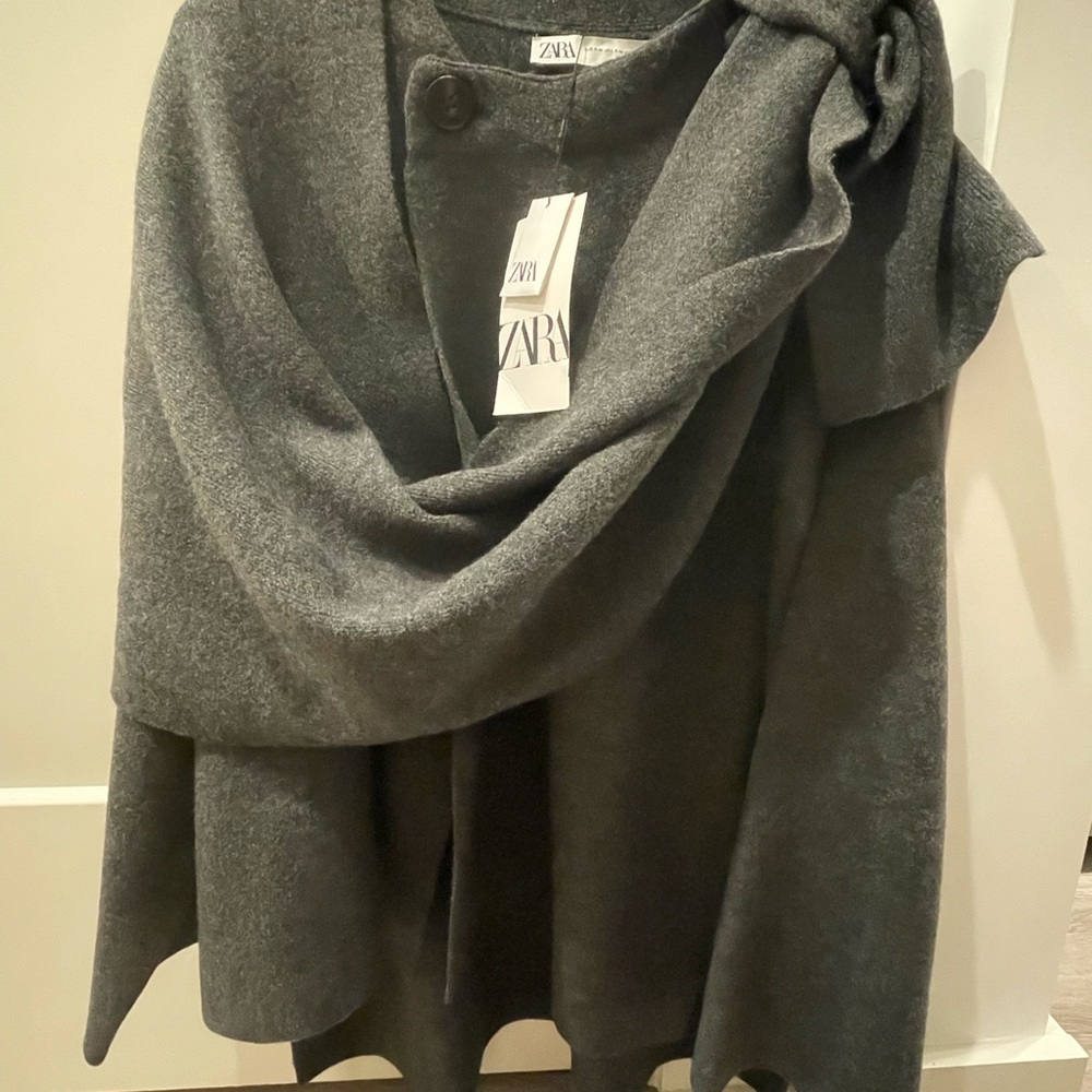 NWT ZARA CROP KNIT COAT WITH ASYMMETRICAL SCARF